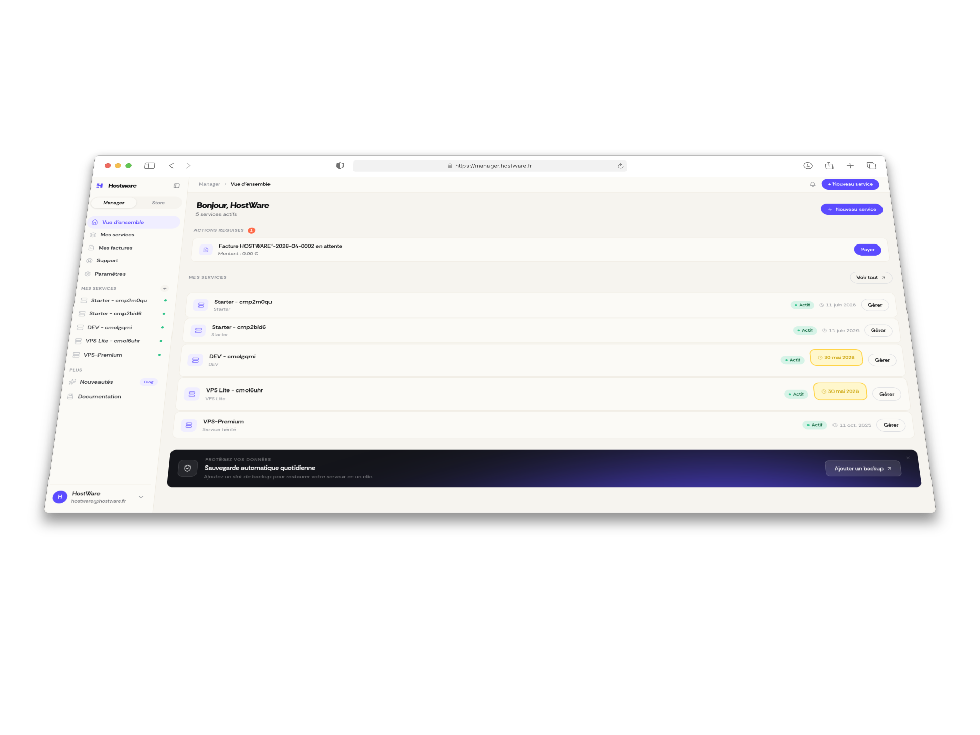 mockup du panel d'administration